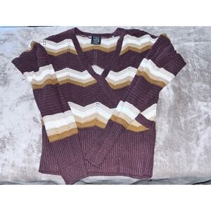 FCT With Love Womens Chevron V-Neck Knit Sweater Purple Gold Zig Zag Large